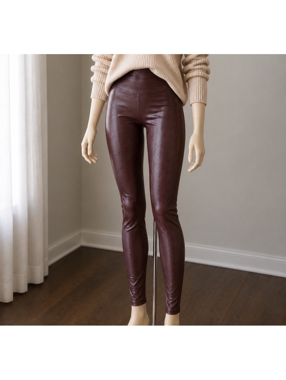 SPANX Faux Leather Leggings Women S/P Small Brown High Rise Skinny Shiny